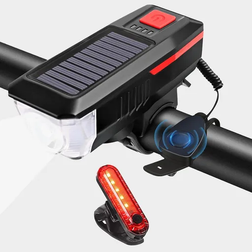 Bike Light Set Solar and USB Rechargeable with 120 dB Horn Multiple Lighting Modes Black