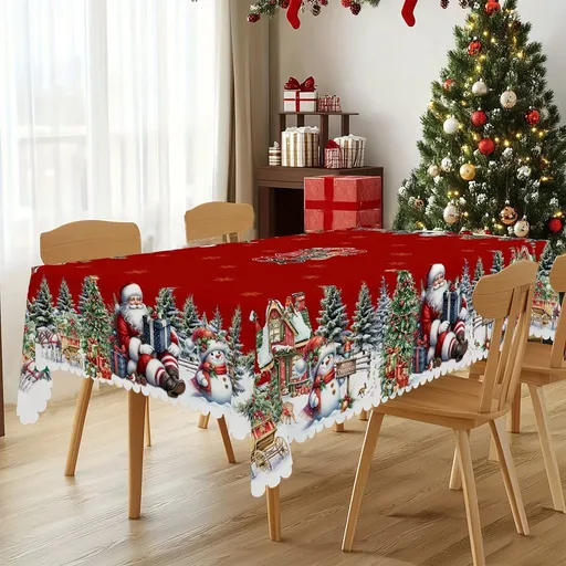Christmas Tablecloth with Santa, Snowman and Christmas Tree Print, Rectangular Holiday Table Cover for Christmas and New Year, 150 x 220 cm