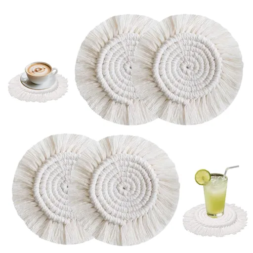 4 PCS Boho Coasters for Drinks Absorbent, Cotton Coasters for Wooden Table Round Drink Coaster Set with Tassels Housewarming Gift Bar Coffee Table Office Desk Decor