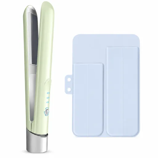 Green Cordless Mini Hair Straightener and Blue Curler and Heat Resistant Silicone Storage Mat - 3 Temperature Settings, Travel Friendly, Alloy Heating Plates, Portable Styling Kit,Suitable as a gift