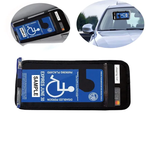 3pcs Handicap Placard Holder for Auto, Disabled Parking Permit Sign Protector for Car Sun Visor with Note Paper Slot, Pen Holder and Elastic Strap - Black
