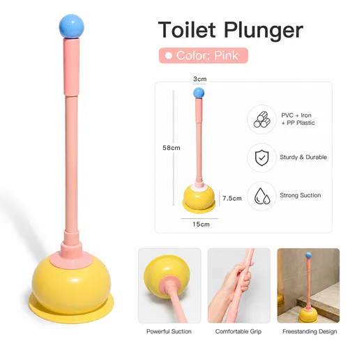 Toilet Plunger, Long Handle Bathroom Plunger with Strong Suction Cup, Non-Scratch Drain Plunger for Toilet, Kitchen Sink, Bathroom Drain, Bathtub and Shower, Cute Freestanding Clog Remover, Pink