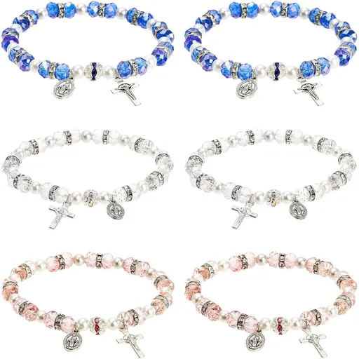 Women's Rosary Bead Stretch Bracelet, Crystal Cross Bracelet with Crucifix and Miraculous Medal