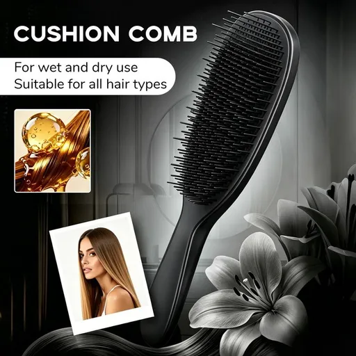 Detachable Silicone Cushion Massage Comb, Wet/Dry Use, Unisex, Suitable for All Hair Types, Volumizing and Smoothing Comb, 7 Colors Available - Black