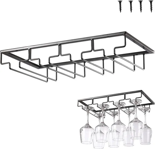 Wine Glass Holder - Wine Glass Hanging Rack - Wine Glass Rack - Glass Rack - Wine Glass Holder - Wine Rack - 4 Rows - Wine Glass Holder - Wine Glass Rack - Wine Glass Organizer - Glass Hanging Rack - For Bar, Kitchen and Cafe - Black - Includes Mount