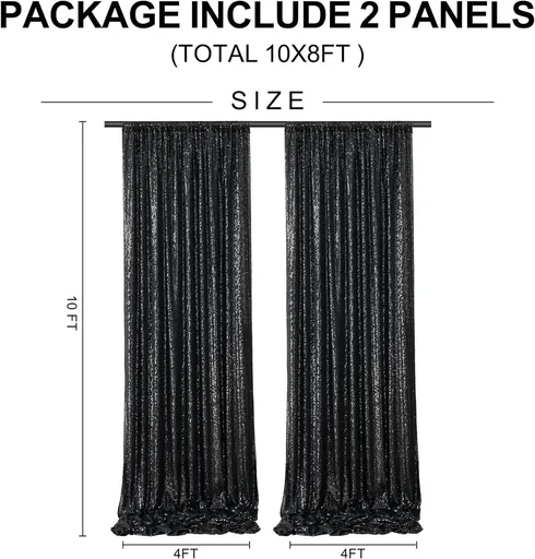 Black Glitter Sequin Backdrop Curtain 8x10ft for Party Birthday Wedding Photography Home Decoration, Background 2 Panel 4x10ft