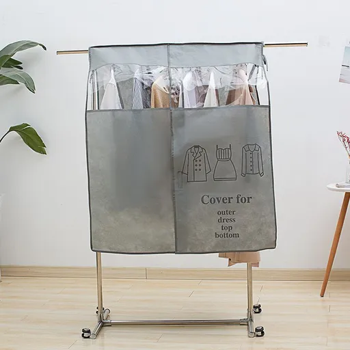 Clothes Dust Cover Nonwoven Dust Prevention Waterproof Transparent Window Design Hanging Garment Protectors Grey