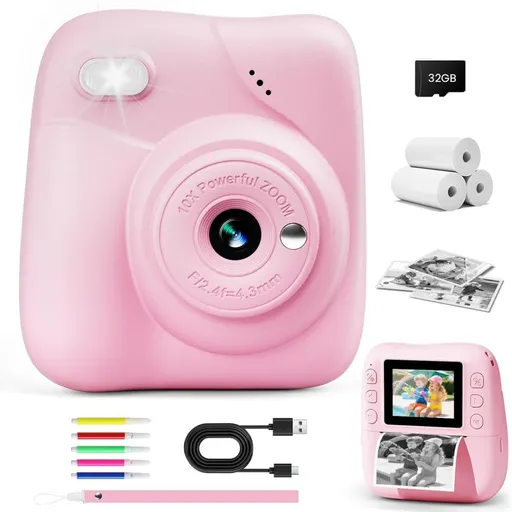 Kids Digital Camera Instant Print 48MP 1080p FHD 10x Zoom 32GB Memory Card 3-inch Screen Pink