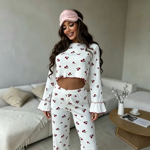 White Base Cherry Size S | Petite Fit Ruffled Pajama Set | Christmas Petite Slim Gift | Slim Fit Bell Sleeve Spring Fall Women's Sleepwear Two-Piece