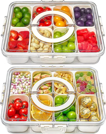 Snackle Box Container, 2 Pack Divided Serving Tray with Lid and Handle, Snack Box Charcuterie Container for Portable Snack Platters, Clear Organizer for Candy, Fruits, Travel, Party, Picnic