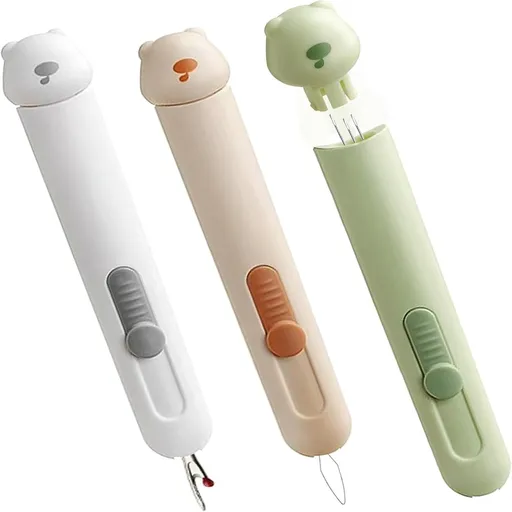 3 Pcs 3 in 1 Automatic Needle Threaders and Seam Ripper with Stainless Steel Blade for Hand Sewing, Knitting, Embroidery, Multifunctional Sewing Tool for Crafts Quilting Supplies (Green&Gray& Cream)