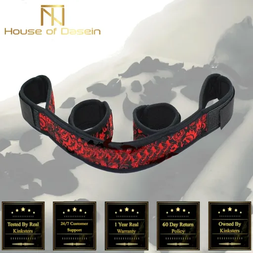 House Of Dasein Floral Material Spreader Bar Restraints Handcuffs Ankle Cuffs Bdsm Bondage Fetish - Red