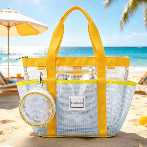 Multi-Pocket Mesh Beach Swim Bag, Dry/Wet Separation, Large Capacity Gym Tote with Bonus Mini Round Mesh Pouch - Orange