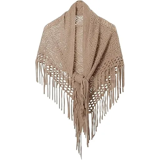 Women's Fringe Shrug Sweaters Shawl Front Warp Cardigan Hollow Out Knitted Shawl Wraps（khaki）