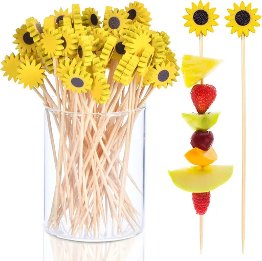 100 Pcs Flower Toothpicks for Appetizers, 4.7 Inch Fancy Cocktail Picks for Party Decoration, Bamboo Appetizer Skewers for Charcuterie Sandwich Burgers Fruit Drinks Party (Yellow)