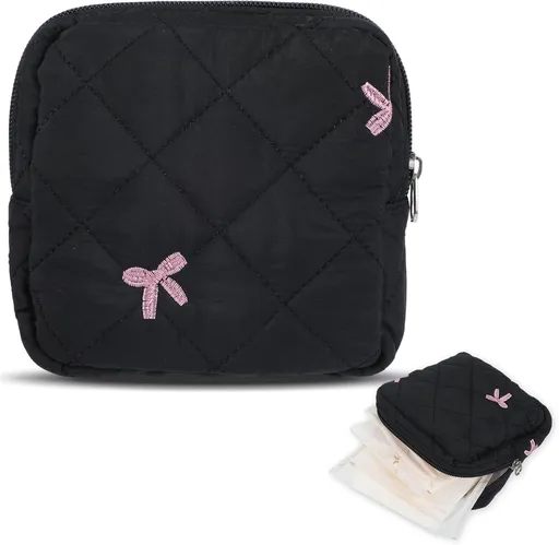 Portable Period Bags for Girls, Cute Bow Period Pouch for Pads Sanitary Napkins Small Tampons, Sanitary Napkin Storage Bag First Gifts for Girls (Black)