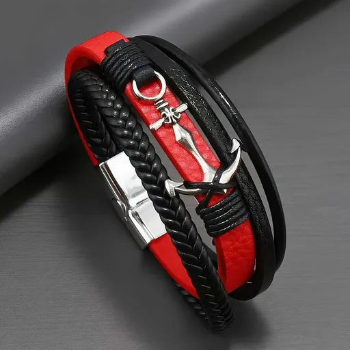 2PCS Classic Unisex Vintage Anchor Bracelet – Faux Leather with Magnetic Clasp Design, Perfect for Festival and Party Style, Suitable for Teens.-RED