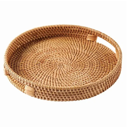 Rattan Serving Tray 30cm, Woven Serving Trays with Handles for Home,Round Dining Table Tray,Wicker Serving Basket