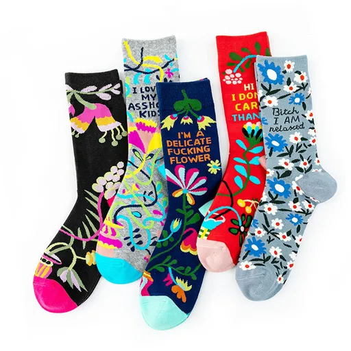 5pairs French Oil Painting Socks Fashionable Floral Letter Painting Art Printed Socks for Women Men