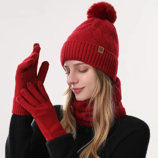 Women's Fashionable Winter 3-Piece Set: Knit Hat, Scarf, and Gloves. A must-have for outdoor skiing and cycling - Red