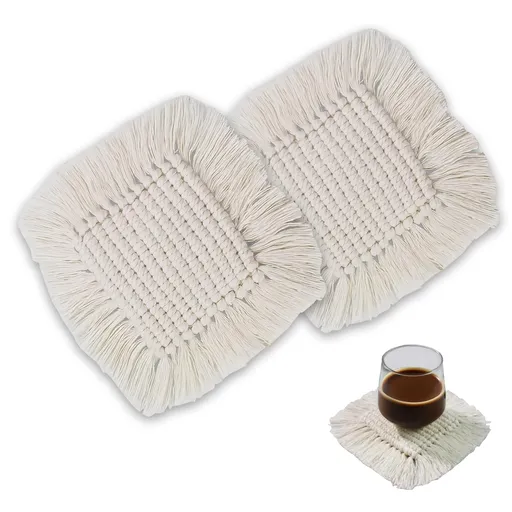 2pcs Handmade Cotton Woven Crochet Placemat with Tassels, Small Place Mat for Bohemian Wedding Décor, Boho Table Mat for Farmhouse, Rustic Décor for Dining Table, square