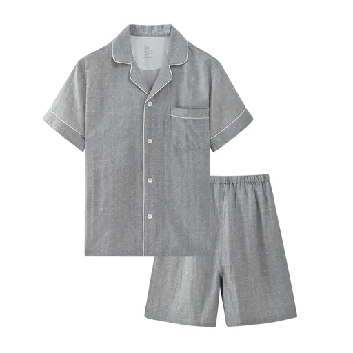 Cotton Short Sleeve Japanese Leisure Sleep Shorts Set Men's gray polka dot-short sleeve shorts