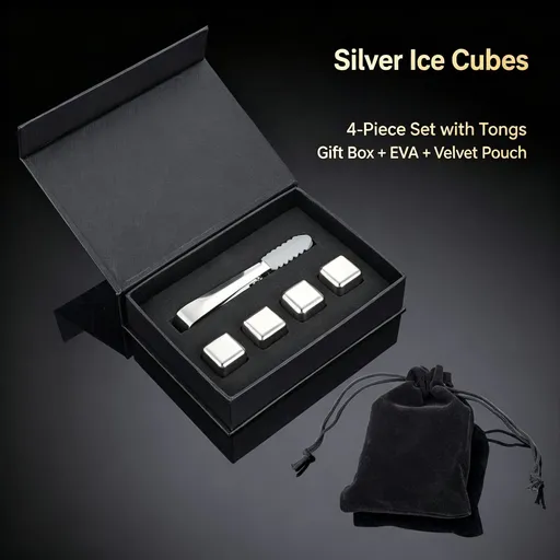 Square Stainless Ice Cube Gift Set | Christmas Beverage Cooling Gift | Original Color 4‑Pack with Silicone Tongs,EVA Tray,Gift Box & Velvet Pouch