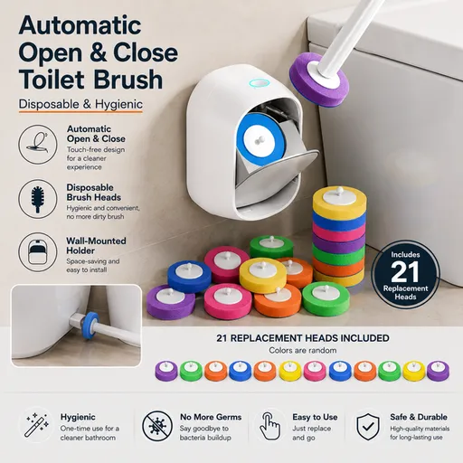 Automatic Flip-Open Disposable Toilet Brush Set with 21 Cleaning Refill Heads, Wall Mounted Storage, One-Button Hygienic Release, 360° Rotating Deep Cleaning, 51cm Long Handle Bathroom Toilet Cleaner