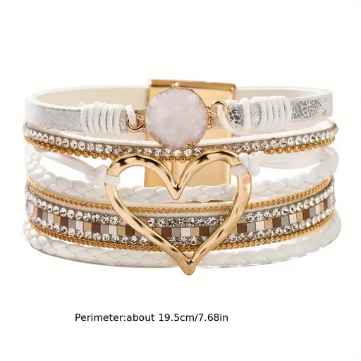 Bohemian Braided Leather Bracelet, Multi-layer Design with Metal and Crystal Accents, Rose Gold Square Clasp with Heart Crystal, Embodying Casual Romantic Exotic Charm.(white)