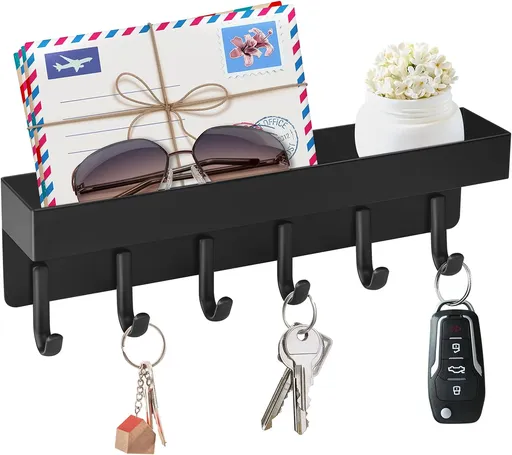 Magnetic Key Holder Wall Mount, Compact Metal Key Rack with Tray, 6 Hooks, 2 Mount Options, Black