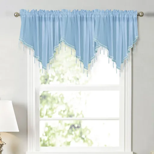Sheer Beaded Window Valance, vintage floral voile curtain with rod pocket and scalloped edge for bedroom kitchen and cafe, Sky Blue