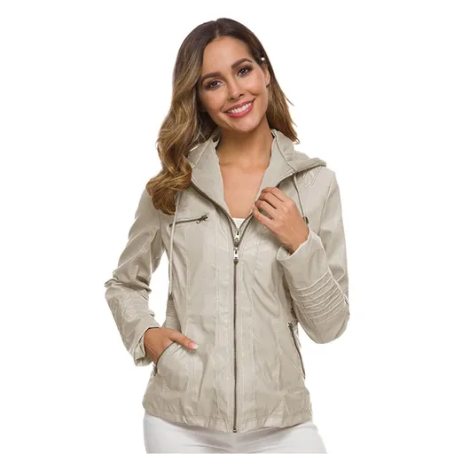 Women PU Leather Jacket Solid Zipper Hooded Streetwear 100% real shot, rest assured to use, peers do not steal pictures XS