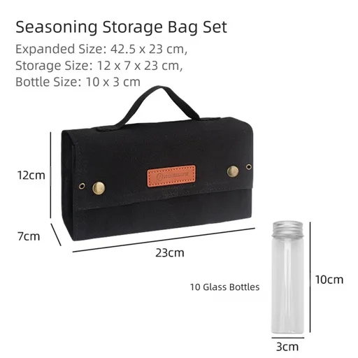 Black canvas spice storage box (9.1 x 4.7 x 2.8 inches) With 10 bottles
