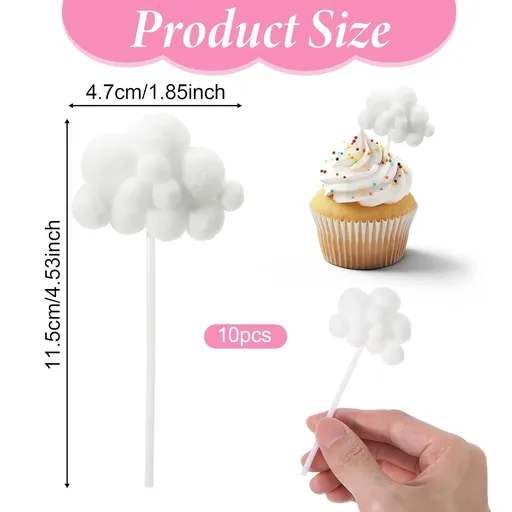 Shimmeroo 10Pcs Cupcake Cloud Decorations, Plush Cute Cloud Decorations Dessert Picks Toppers Yarn Ball Cake Picks for Baby Shower Birthday Wedding Party Supplies (White)