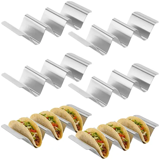 6PCS Stainless Steel Taco Holders, 3 Slots Taco Stand Rack Set with Handles, Oven Grill Dishwasher Safe Metal Tray, Grill Safe Stand for Hard and Soft Shell Tacos