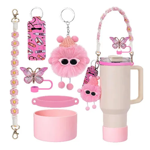 6pcs Cute Accessories Set for 20/30/40oz Tumbler Stanley Cup, Water Bottle Handle Strap, Siliocne Straw Cover and Plush Charms for Girls