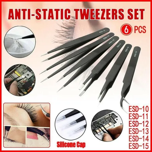 6PCS ESD Anti-Static Stainless Steel Tweezer Set Precision Repair Tools for Electronics Jewellery Model Building