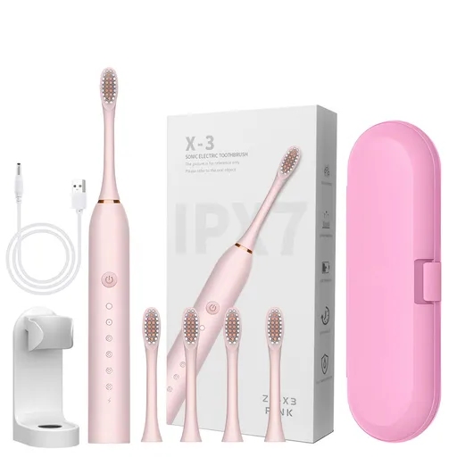 Sonic Electric Toothbrush Pink set with 4 brush heads, stand, and travel case- 6 Cleaning Modes, USB Rechargeable, DuPont Soft Bristles, Travel Friendly Oral Care Set