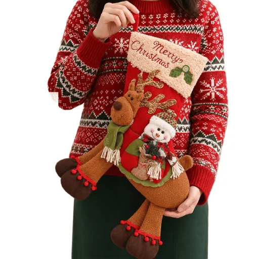 Christmas Stocking Large Plush Snowman Riding Reindeer Design Red