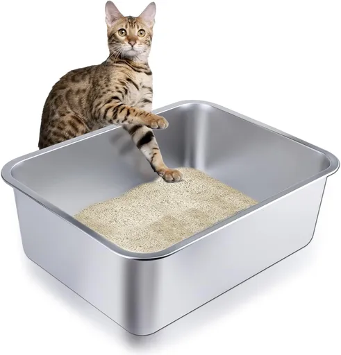 Stainless Steel Cat Litter Box - Large Metal High-Sided Pan for Cats, Pets, Non-Stick, Odor-Free, Easy to Clean, Splash-Proof, Durable (20" L x 13.8" W x 6" H)
