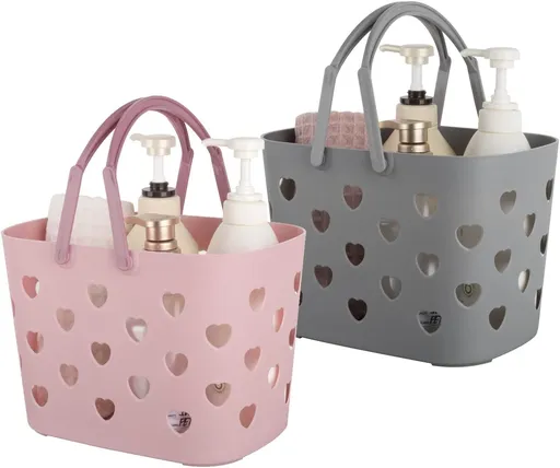 2 Pack Portable Shower Caddy Tote Plastic Storage Basket with Handle Box Organizer Bin for Bathroom, Pantry, Kitchen, College Dorm, Garage, Set of 2 - Pink & Grey