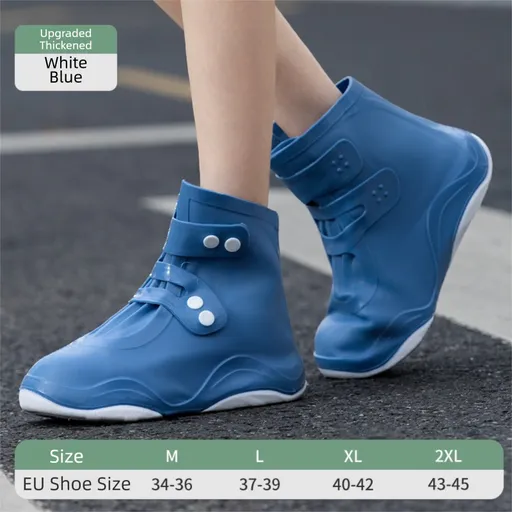 Thickened Waterproof Silicone Rain Shoe Covers with Adjustable Double Buckle Closure, Durable Non-Slip Reusable Overshoes for Men and Women Hiking Camping Daily Use, Blue White Blocking, L Size (EU 37-39)