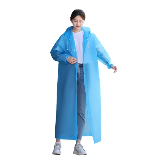 2 pcs Blue Reusable EVA Hooded Raincoat - 150 g Lightweight Long Rain Jacket with Drawstring Hood, Snap Front and Elastic Cuffs for Travel, Walking and Outdoor Use