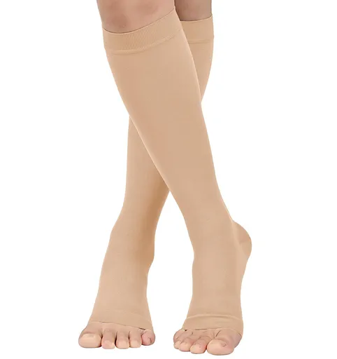 Compression socks, knee length, exposed toes, used for deep vein thrombosis, varicose veins, relief of tibial fractures, edema