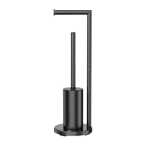 Freestanding Toilet Brush and Toilet Paper Holder Set Metal Bathroom Loo Brush Roll Stand with Round Base-Black