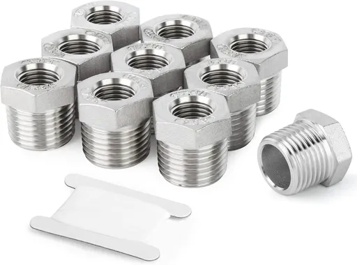 10PCS 304 Stainless Steel Reducer Hex Bushing, 3/8" NPT Male x 1/4" NPT Female, Reducing Pipe Adapter Fitting
