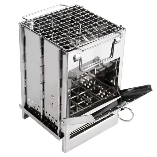 Portable Folding Camping Stove with Grill – Stainless Steel Wood-Burning Fire Pit for Hiking, Backpacking, BBQ & Outdoor Cooking (Silver)