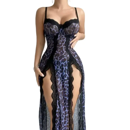 House Of Dasein Sexy Transparent Leopard Print Nightgown And Lingerie Set - Blue - L