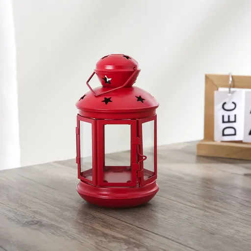 Red European Style Star Cutout Metal Candle Lantern - Handcrafted Iron & Glass Decorative Lamp for Christmas, Home, Wedding, Party Easy to carry - Perfect for Living Room, Bedroom, Study