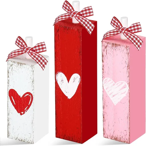Valentine's Day Decorations for Home Valentines Table Block Sign Valentine Tiered Tray Decor Rustic Farmhouse Tabletop Centerpieces for Wedding Anniversary Party Shelf(Heart Style)